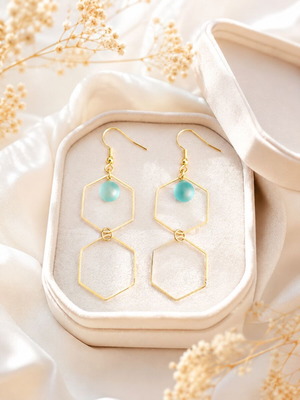 Handmade Sea Glass Hexagon Earrings with Double Gold Hexagons and Blue Bead
