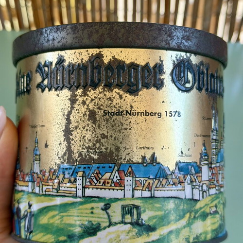 Vintage metal tin box Haeberlein-Metzger with Nuremberg city illustration