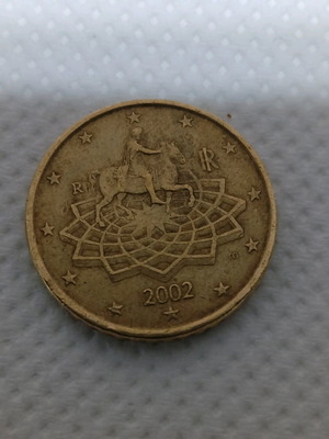 Italian 50 cent euro coin used, 2002, equestrian statue of Marcus Aurelius