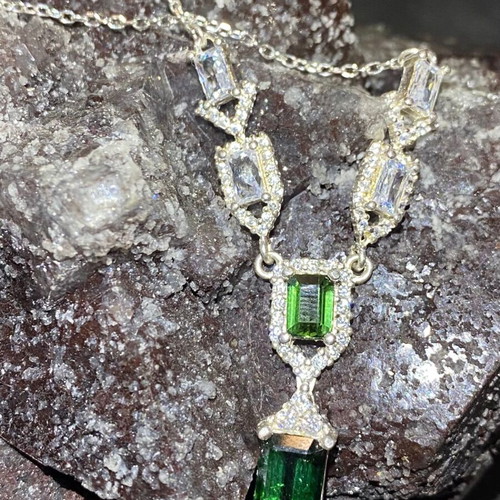 Silver necklace with natural indicolite, green tourmaline, topaz and moissanite