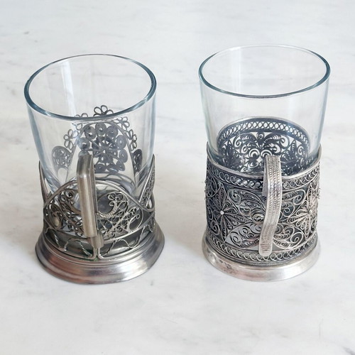 Soviet Silver-Plated Filigree Tea Glass Holders Pair Used