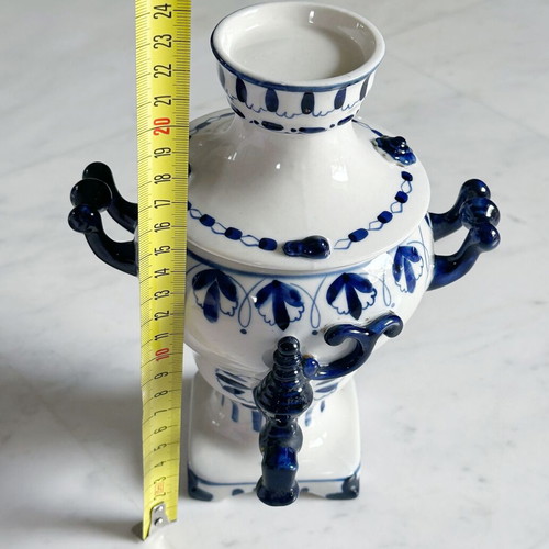 Samovar Gzhel handmade porcelain vintage 1980s used, height 23 cm