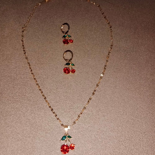 Cherry necklace and earrings set new, red and gold tone