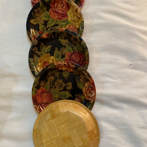 Vintage Asian Art Set with 47cm Fan, Jewelry Box & 5 Bamboo Coasters