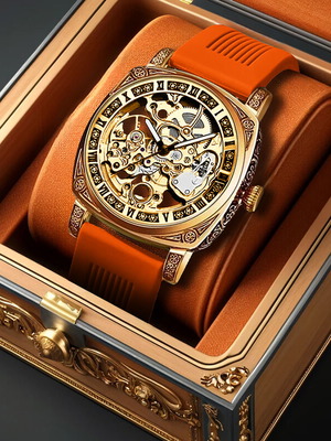 Mechanical automatic watch new, luxury, orange and gold