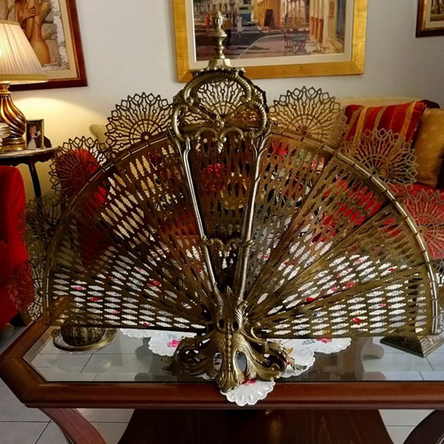 Antique fireplace accessory like new, brass protective fan