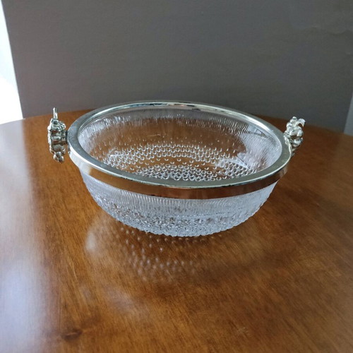 Vintage glass bowl with metal rim and grape handles in like new condition