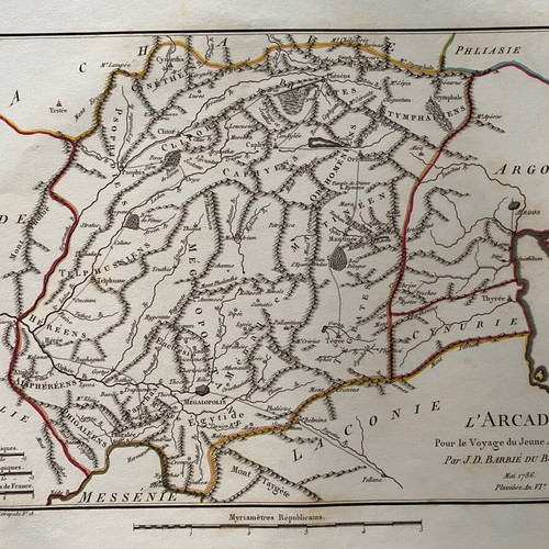 Map L'Arcadie - Ancient Peloponnese used, Jean-Denis Barbie du Bocage 1786