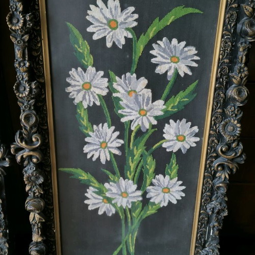 Embroidered frames with handmade woodcarving, set of 2 pieces