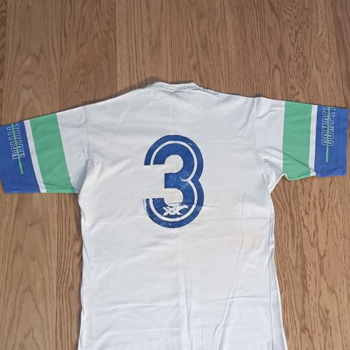 Vintage Asics 90s graphic t-shirt, white with green and blue sleeves
