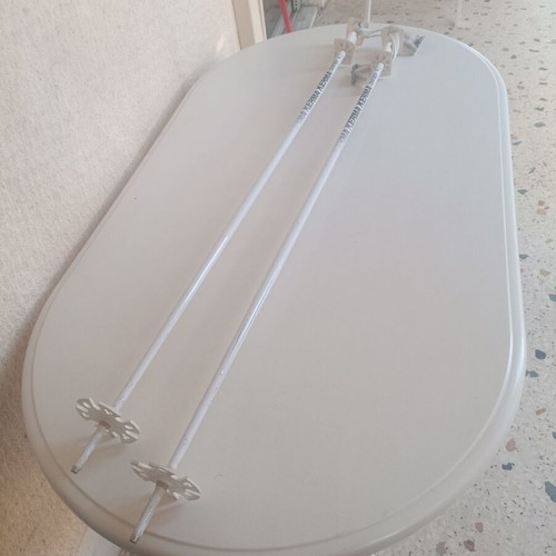 Open Rossignol XP11 V. A. S. Fibrometal ski used with Tyrolia 470 bindings and Kerma countach poles
