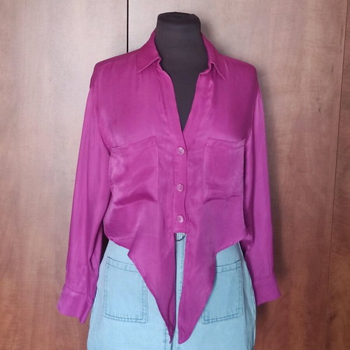 Bershka Cropped Satin Shirt with Tie Magenta like new