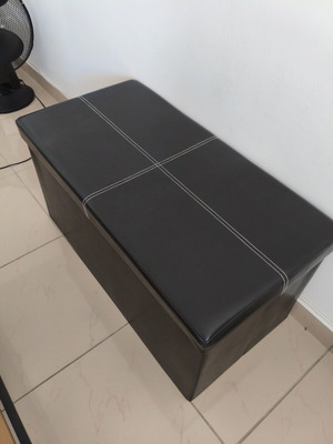 Black leatherette storage chest with stool, like new