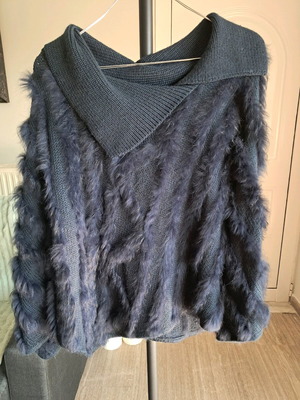 Women's poncho with real rabbit fur like new, dark blue