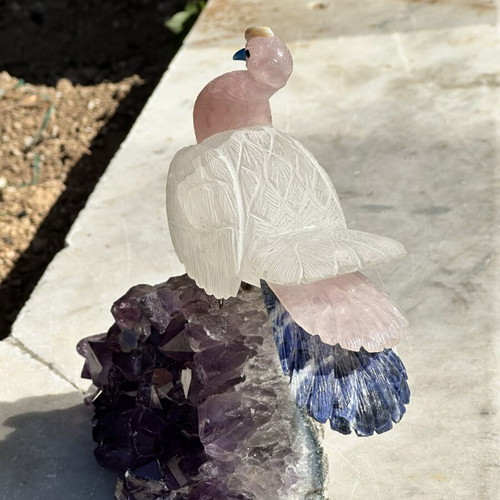 Handmade decorative bird from quartz on raw amethyst, used, 20x15 cm