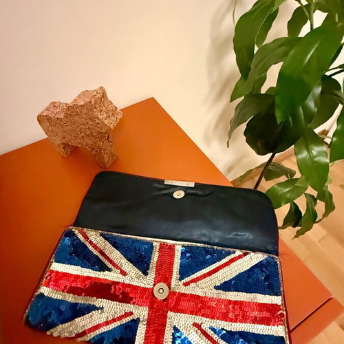 Accessorize Union Jack sequin clutch bag very good condition