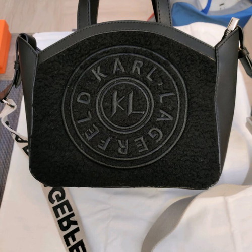 Karl Lagerfeld χιαστί τσάντα καινούργια, δέρμα και μάλλινη, μαύρη 32x25 εκ