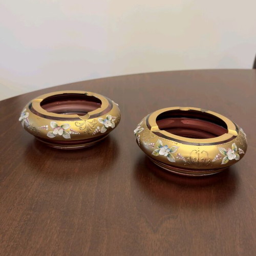 Bohemian ashtrays used, set of 2, decorated with enamel