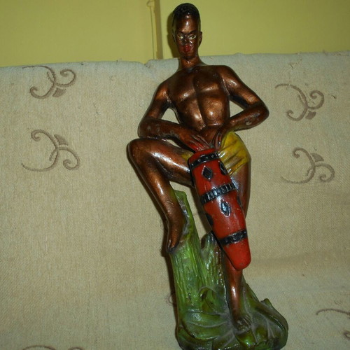 Tympanist statue used, 1950s, painted plaster, height 44 cm
