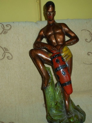 Tympanist statue used, 1950s, painted plaster, height 44 cm
