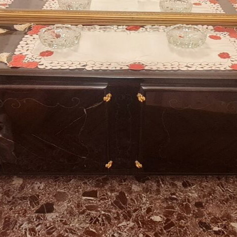 Antique dining set black lacquer like new with 6 leather chairs and sideboard