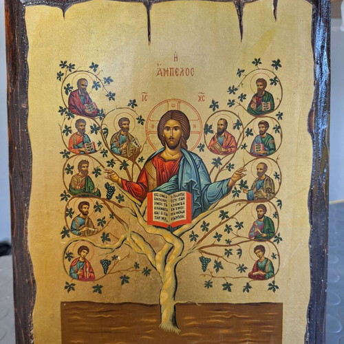 Handmade religious icon on old wood with gold leaf, like new