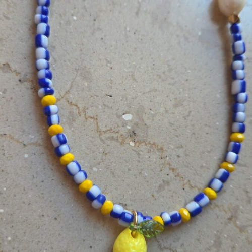 Necklace with lemon and pearl new, handmade with steel clasp and extension