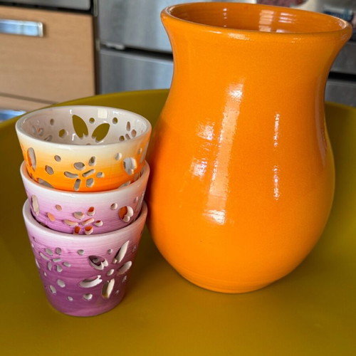 Orange vase 29 cm like new with 3 small matching candle holders gift