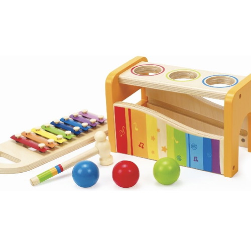 Hape interactive wooden bench with xylophone, hammer & balls for 12+ months