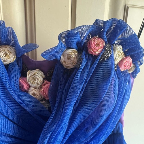 Vintage strapless dress 80s blue with fabric roses size 46 like new