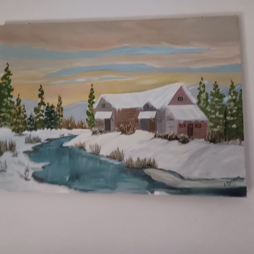 Wall decoration painting like new with house in snowy landscape