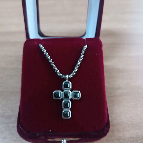 Men's stainless steel cross necklace new with black stones