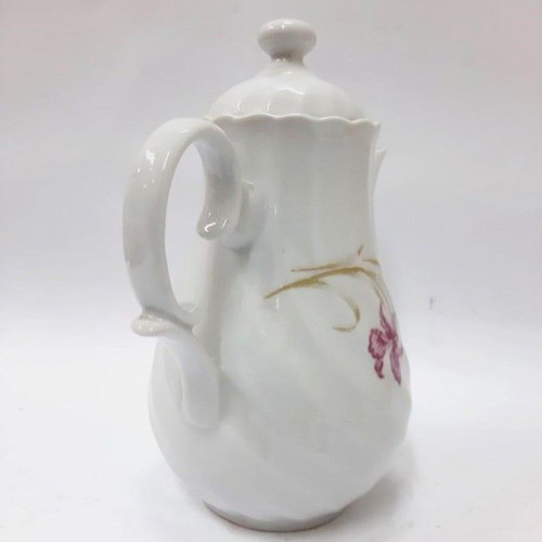 Vintage porcelain coffee pot with lid used, floral pink and gold