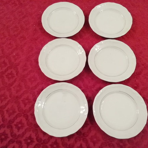 Porcelain cake plates new, set of 6 with embossed design and gold
