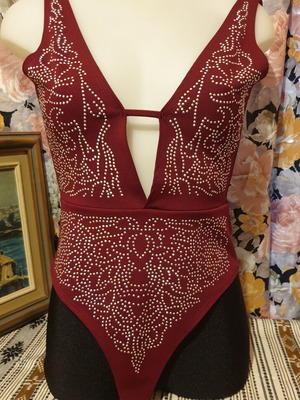 Bodysuit new, women's XS, burgundy with studs