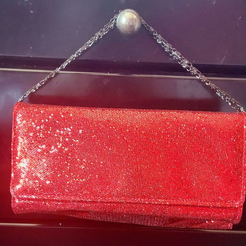 Red evening clutch bag new with glitter and metal chain shoulder strap