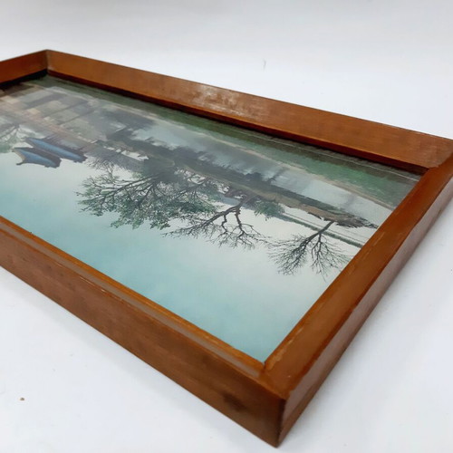 Silk tapestry mid-20th century with Chinese pagoda and bridge, used