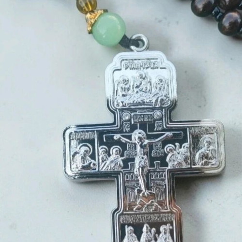 Ornate cross with wooden beads new, silver color