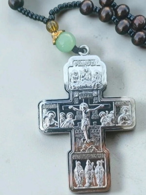 Ornate cross with wooden beads new, silver color
