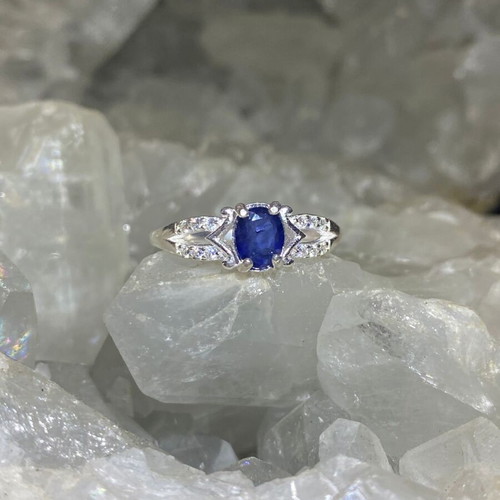 Handmade silver ring with natural blue sapphire and moissanites size 8