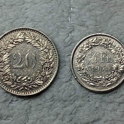 Swiss coins used, set of 2, 1975 20 Rappen and ½ Franc