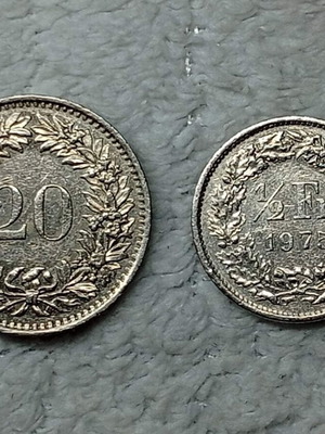 Swiss coins used, set of 2, 1975 20 Rappen and ½ Franc