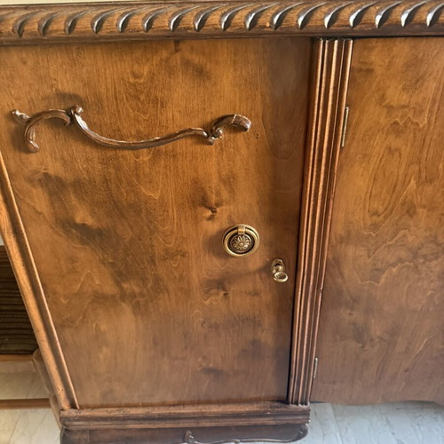 Four-door walnut wood buffet with bronze handles