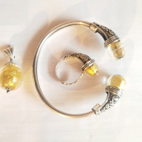 925 Silver Jewelry Set like new with glass beads and gold leaf accents