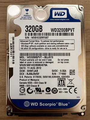 Western Digital 320GB WD3200BPVT used hard drive