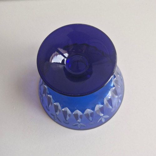 Blue Engraved Glass Fondue Bowl like new