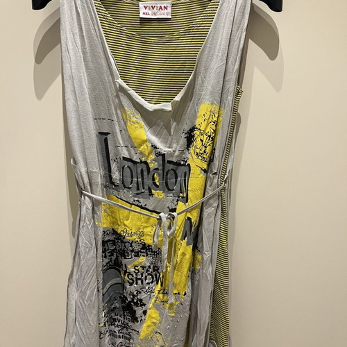 Vivian dress size 12 used, cotton, gray and yellow with prints