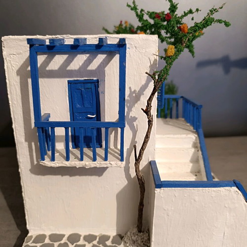Handmade Cycladic House Diorama with LED Lighting like new