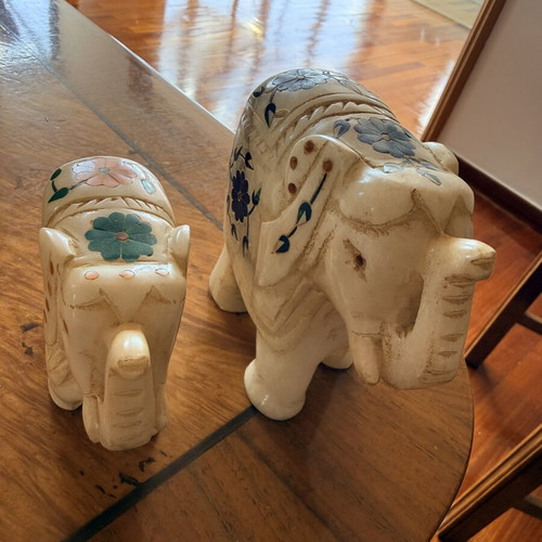 Pair of vintage Indian marble elephants with inlaid flowers