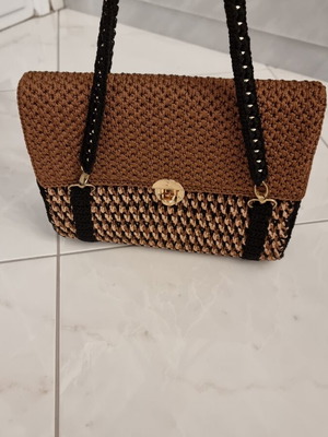 Handmade knitted shoulder bag, brown and black